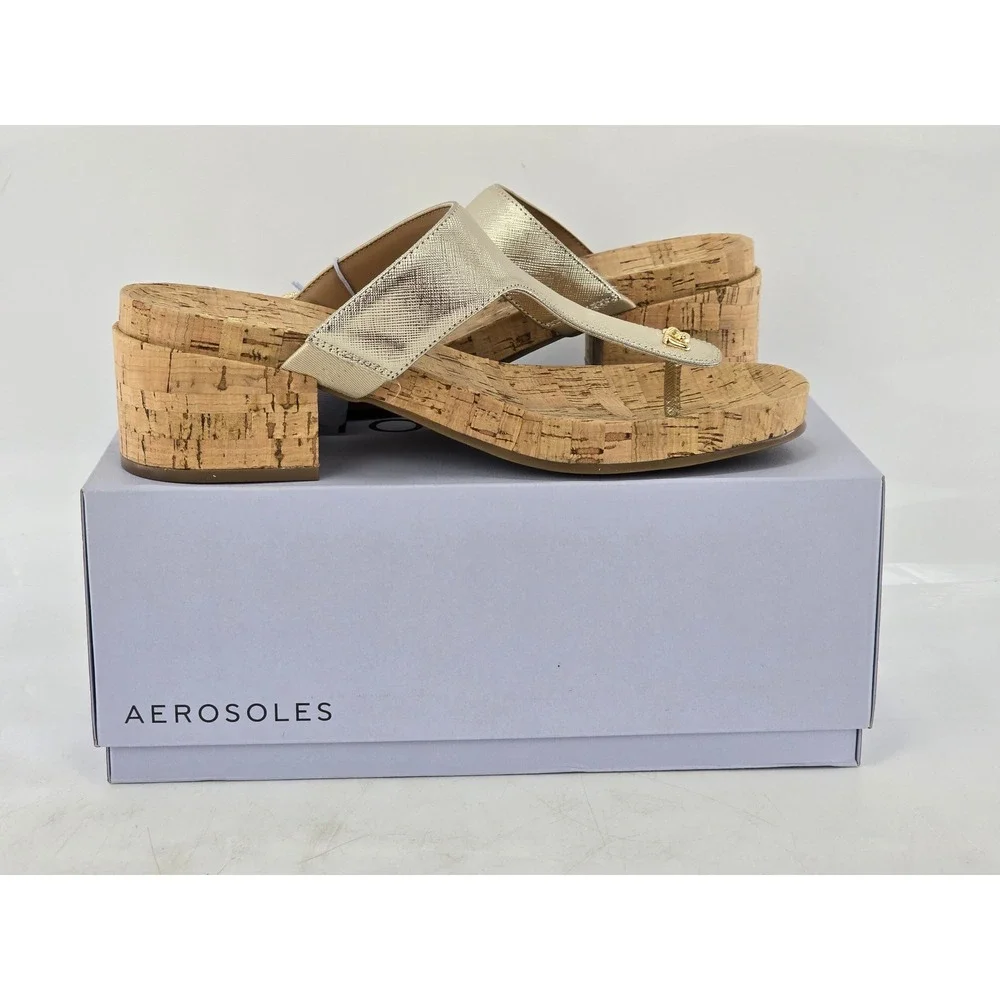 Aerosoles Clio Sandals Womens Size 10M Gold T-Strap Cork Wedge - New